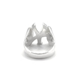A silver NY New York Yankees ring with a sculptural, abstract crown-like top featuring sharp angular facets, shown on a plain white background.