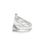 Polished silver NY Yankees signet ring with a wide geometric triangular face, shown from the side.