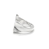 Polished silver NY Yankees signet ring with a wide geometric triangular face, shown from the side.